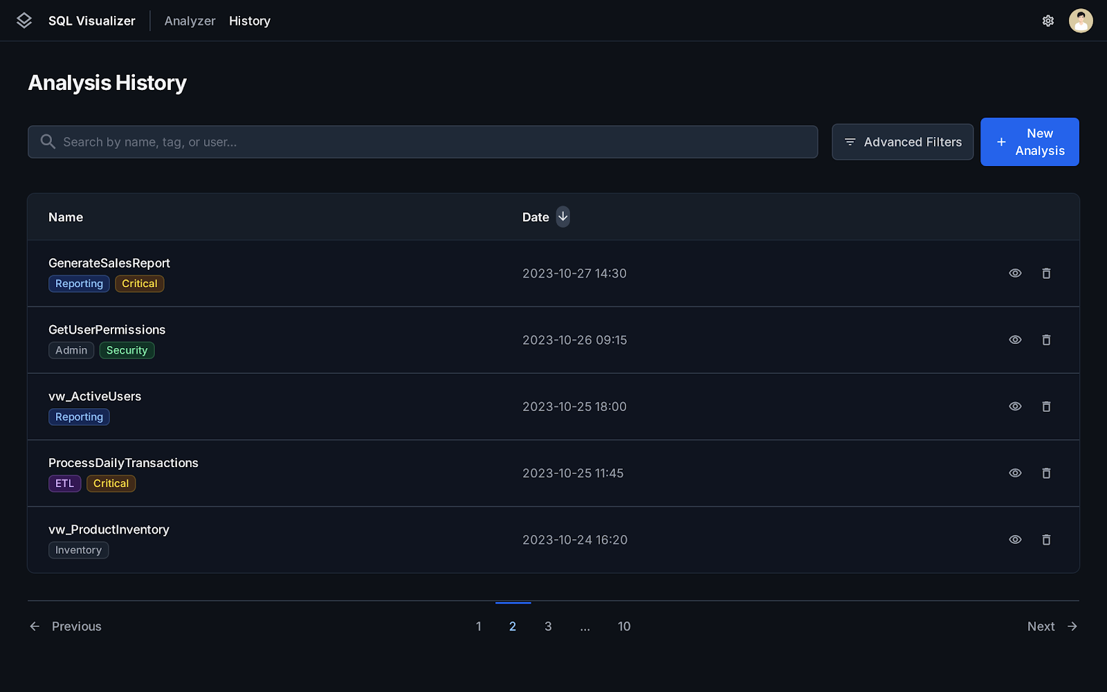History panel showing saved analyses